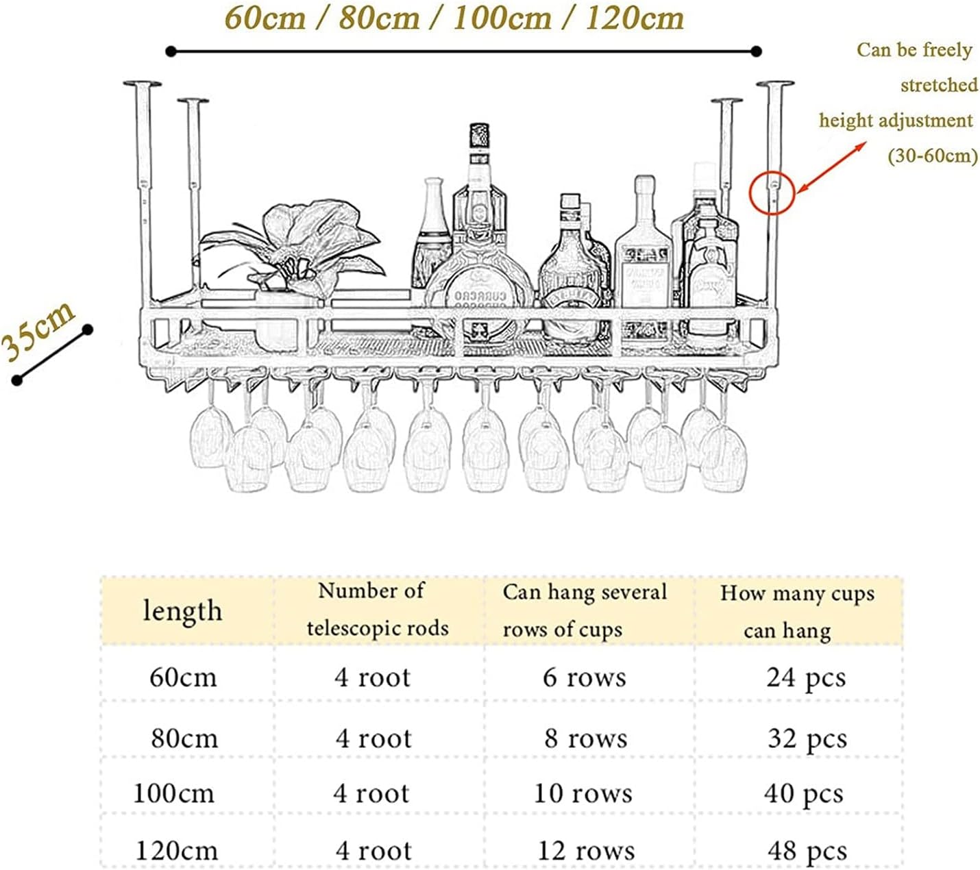 Ceiling Wine Glass Rack Metal Ceiling Gold Wine Rack,Height Adjustable,Stemware Holder,Wine Bottle Holder,Wine Shelf Display Rack Storage Rack,for Bars Restaurants Kitchens