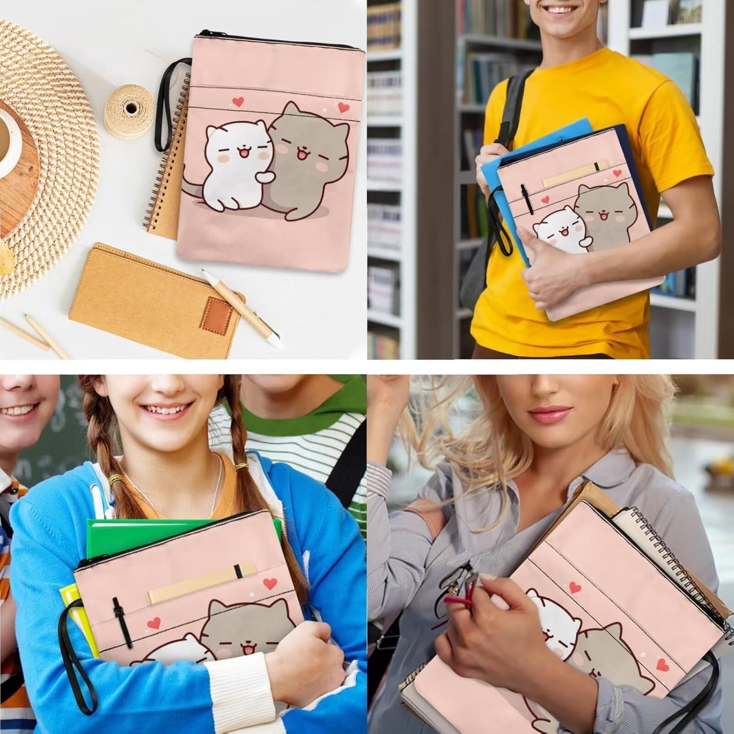 Kawaii Couple Cats School Backpack Set for Girls 17 Inch Backpack with Lunch Box Book Cover Protector Elementary Middle Bookbag for Students Back to School Supplies Nice Gifts