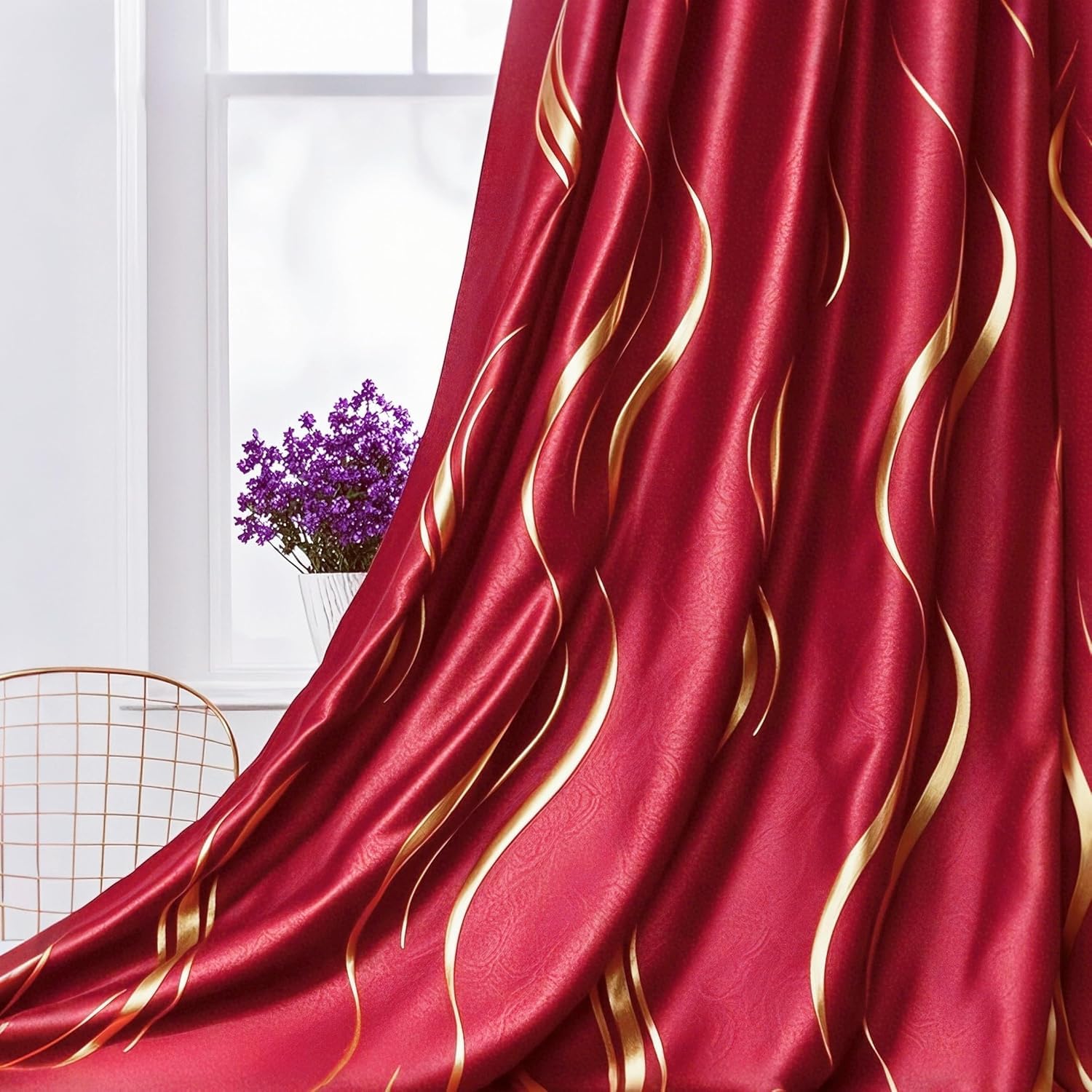 MYRU 2 Panels Set Luxury Striped Blackout Curtains for Bedroom Living Room (Red and Gold, 2 x 66x90 Inch) - Image 4