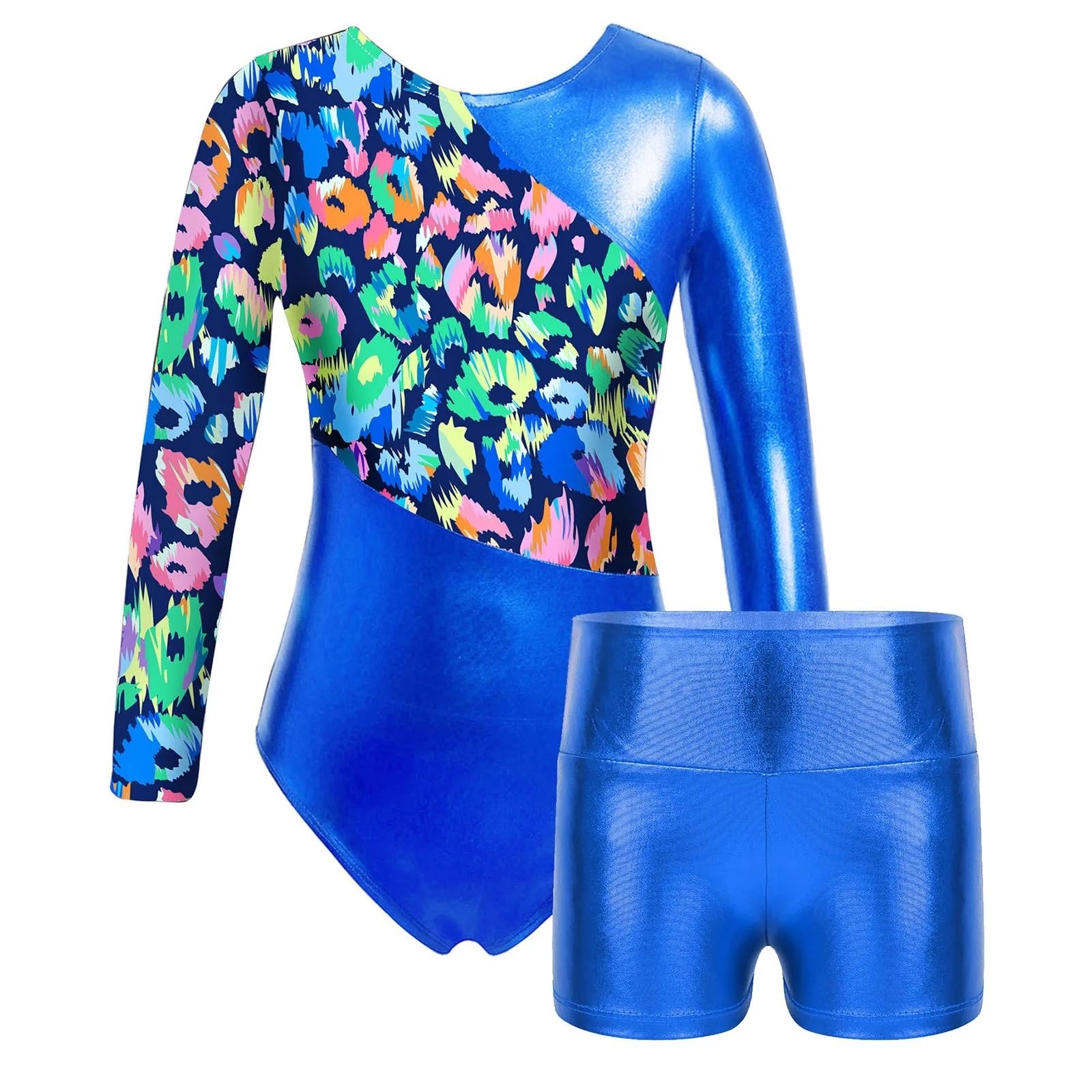 Maillot Gimnasia Ritmica Body de Leotardos de gimnasia for niñas, conjunto de baile de Ballet de manga larga bronceado, mono de entrenamiento de patinaje artístico con pantalones cortos(Blue,6)