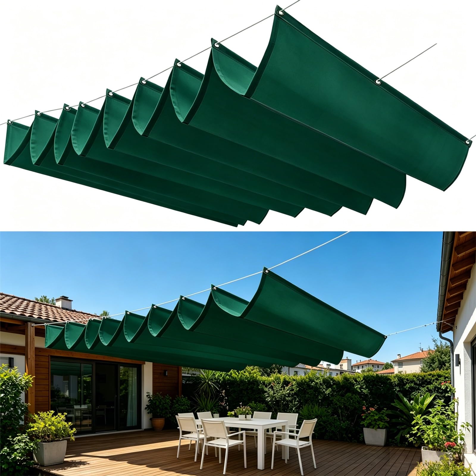 Marka Typu Wave, Rozwijana Markiza Typu Wave 3 x 3 m Markiza Przeciwsłoneczna, 95% Filtr Uv, Chowana Ogrodowa Z Oczkami I Linkami Do Ogrodu, Imprezy, Ciemnozielony