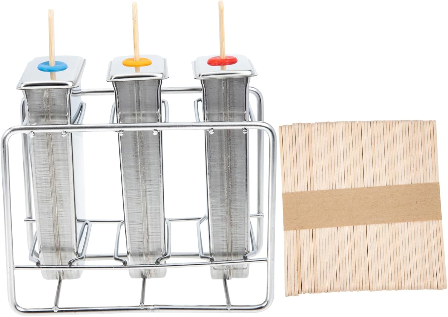 Stainless Steel Ice Cream Mold Set 3 Round Flat Heads DIY Ice Pop Molds Holder Rack Chilled Treats in Kitchen