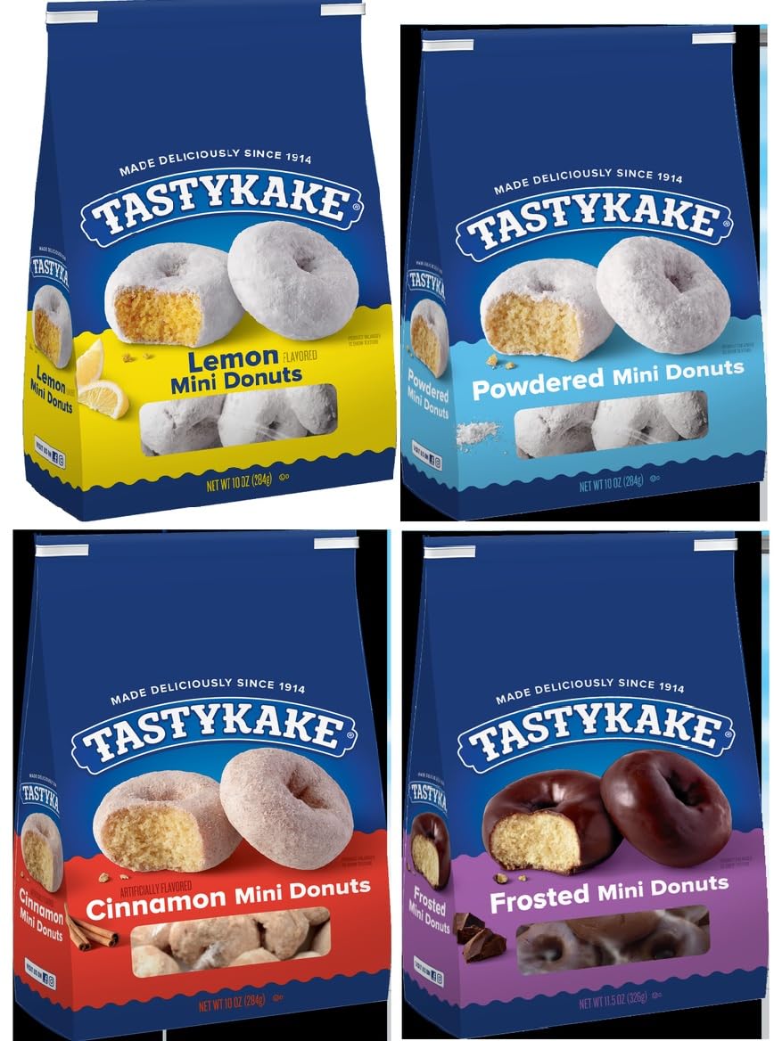 Tastykake Mini Donuts Variety Pack, Lemon, Powdered, Cinnamon, Frosted Flavors, 10 oz Bags