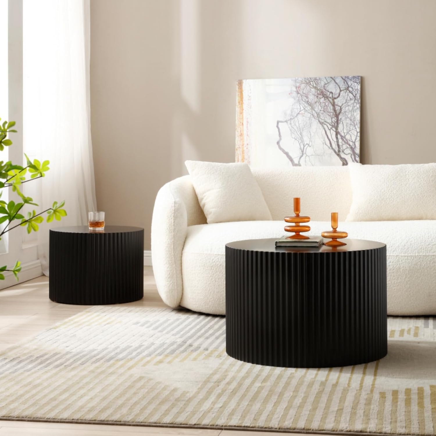 Nesting Coffee Table Set of 2,Matte Black Round Wooden Coffee Tables, Modern Round Coffee Table Accent End Table Set Circle Coffee Table Side Table for Living Room (Matte Black)
