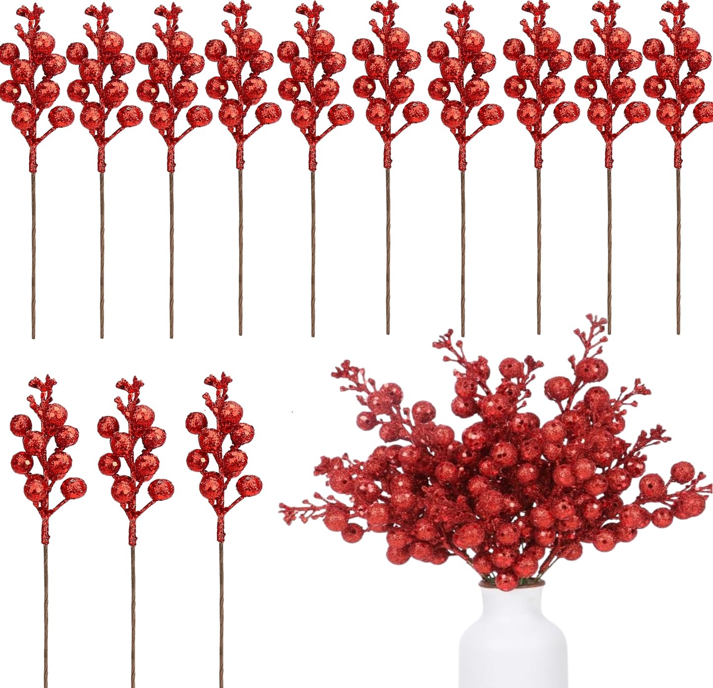 Christmas Decorations, 25Pcs Christmas Glitter Berries Stems For DIY Christmas Tree, Wreath, Crafts, Holiday and Home Decor (Red)