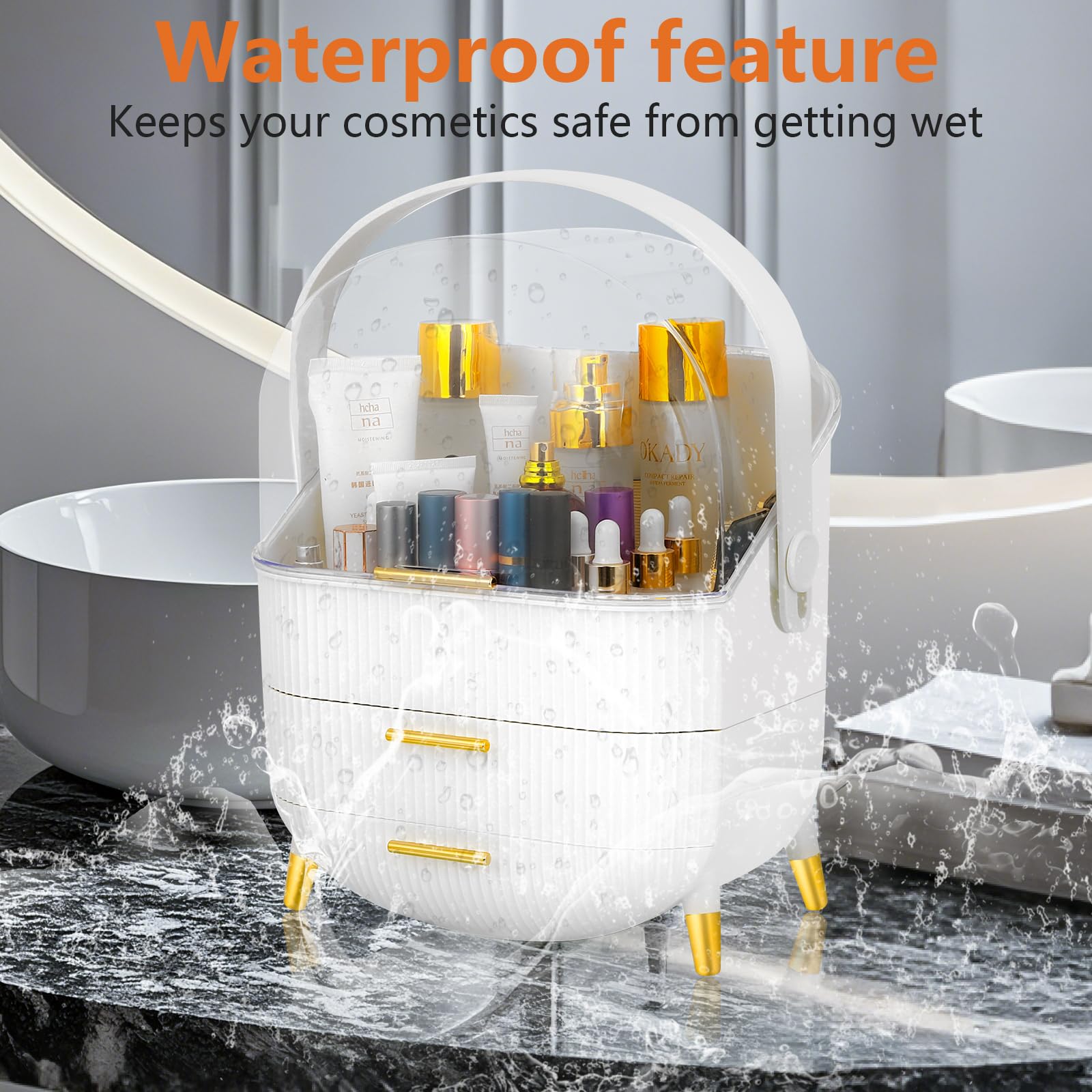 Romicta Organizzatore Cosmetici, Scatola per Makeup con 3 Cassetti e Porta Pennelli, Contenitore Trucco con Coperchio a Prova di Polvere e Acqua, Ideale per Tavolo da Trucco e Bagno (Bianco)