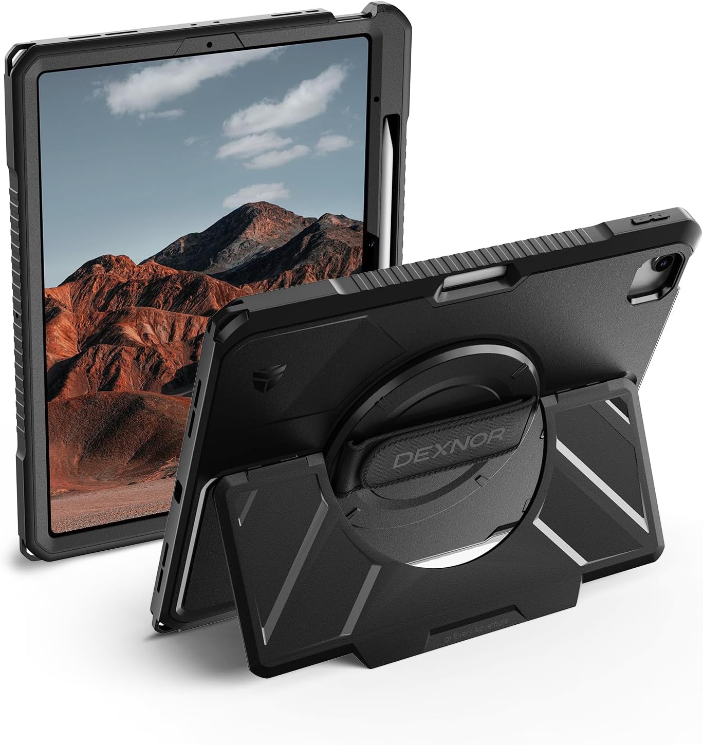 Dexnor Case for iPad Pro 12.9 inch 6th/5th/4th/3rd Gen (2022/2021/2020/2018),Rugged Protective Case with 360° Rotating Hand Strap & Stand & Screen Protector & Pencil Holder Shockproof Cover,Black
