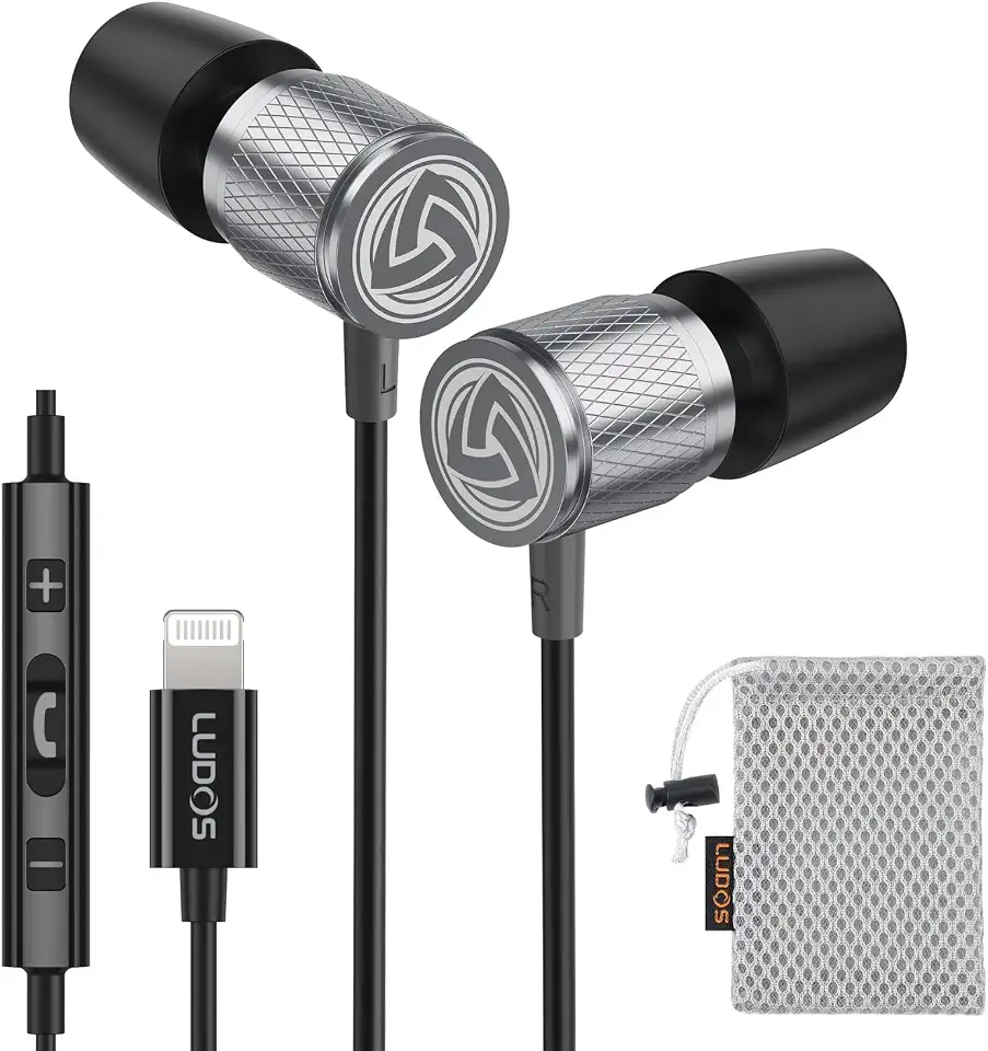 LUDOS Fones de ouvido com fio Ultra iPhone com conector Lightning certificado Apple MFi 5 anos de garantia compatível com 14 13 12 11 Pro Max X XS XR 8 7 Plus com controlador de microfone - cinza
