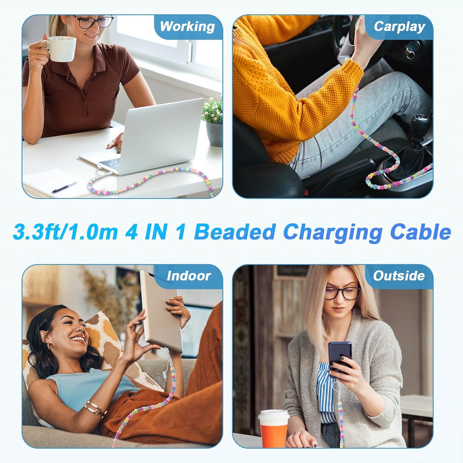 4 in 1 Multi Charging Cable Fast Charging 66W Colorful Beaded USB C Cable with 50Pcs Sticker, Multiple Charger Cord Girl Women for iPhone 17 16 15 14 Pro Max/for Galaxy S25 S24 Ultra/iPad (3.3FT) - Image 7