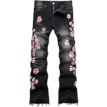 Men's Designer Straight Slim Fit Patchwork Jeans Comfort Skinny Biker Denim Pants