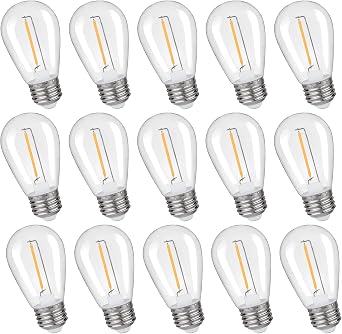 KLY 15-Pack LED String Light Bulbs, Plastic Shatterproof S14 Replacement Edison Bulbs, 1W Equivalent to 10W LED Bulb, Warm White 2200K E26 Base