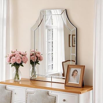 Arch Wall Mirror for Living Room with Mirroed Frame, 27.6 X 39.4 Decorative Mirrors for Wall Decor with Glass Beveled Edges, Modern Vertical Mirror for Bathroom, Entryway