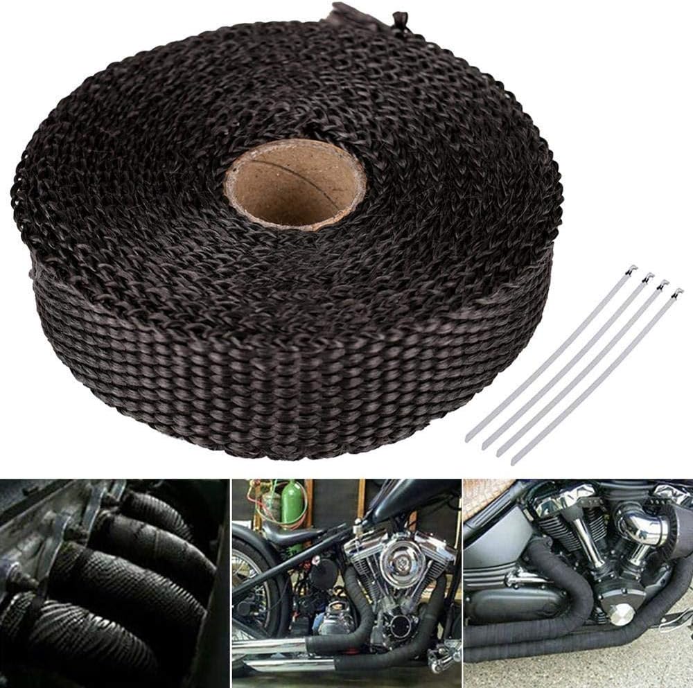 5M Roll Fiberglass Heat Shield Motorcycle Exhaust Header Pipe Heat Wrap Tape Thermal Protection 4 Ties Kit Exhaust Pipe Insulat(Black)