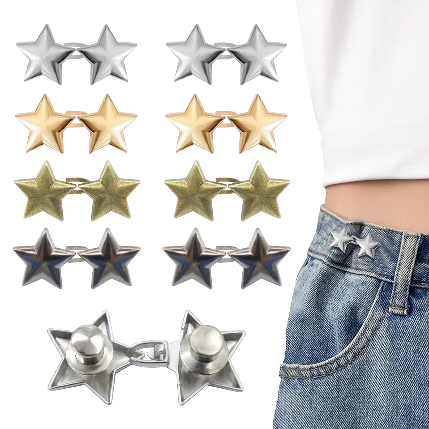 Frutain 8 Set Pant Waist Tightener Star Buttons Pins for Loose Jeans Reusable Waist Cincher Clip Jean Waist Tightener for Clothing Dresses Skirts No Sewing Decoration Accessories