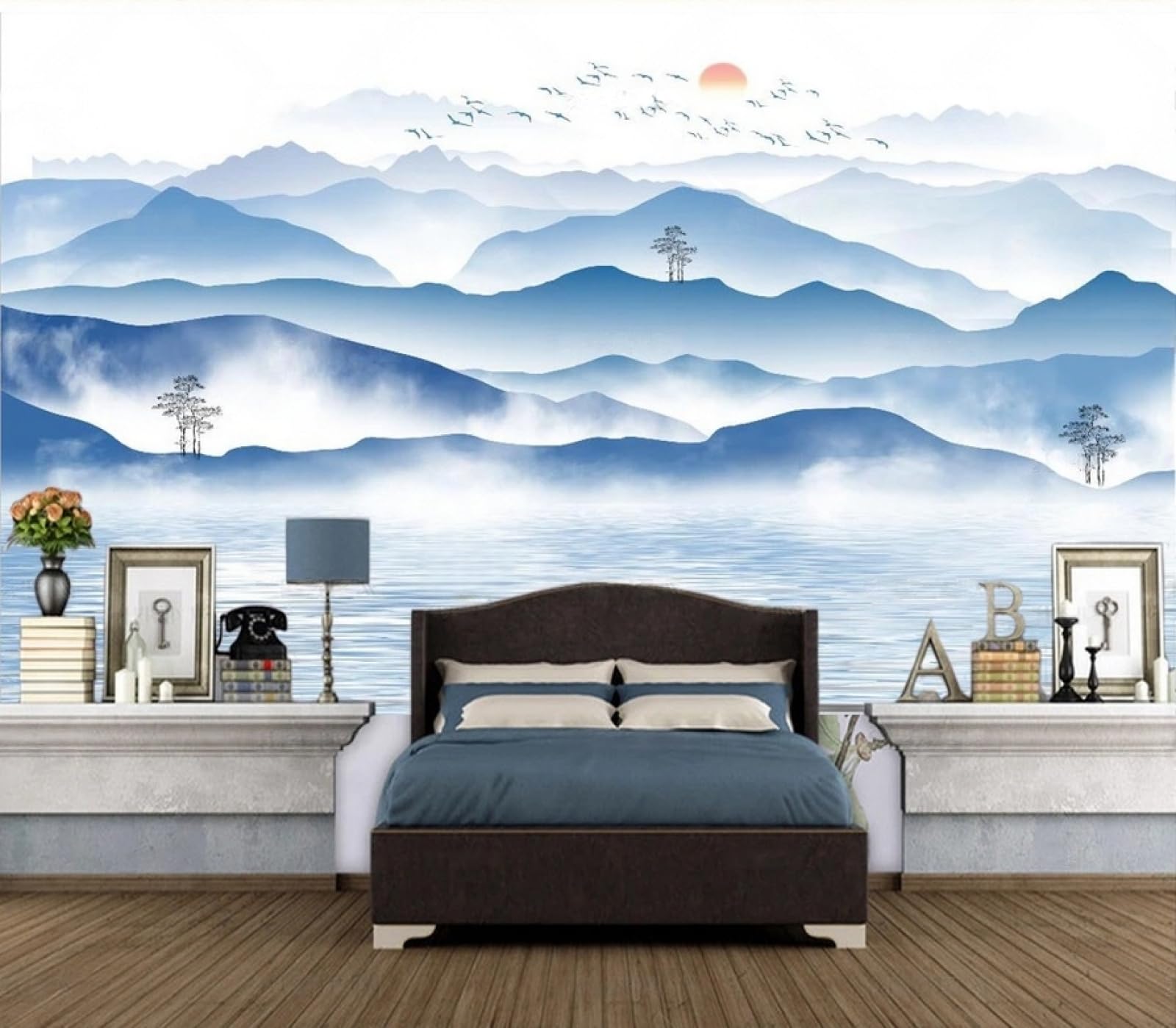 Carta da Parati Panoramica Intissato Montagne Blu,Lago,Zen,Natura Wallpaper per Camera da Letto, Soggiorno 300x240cm