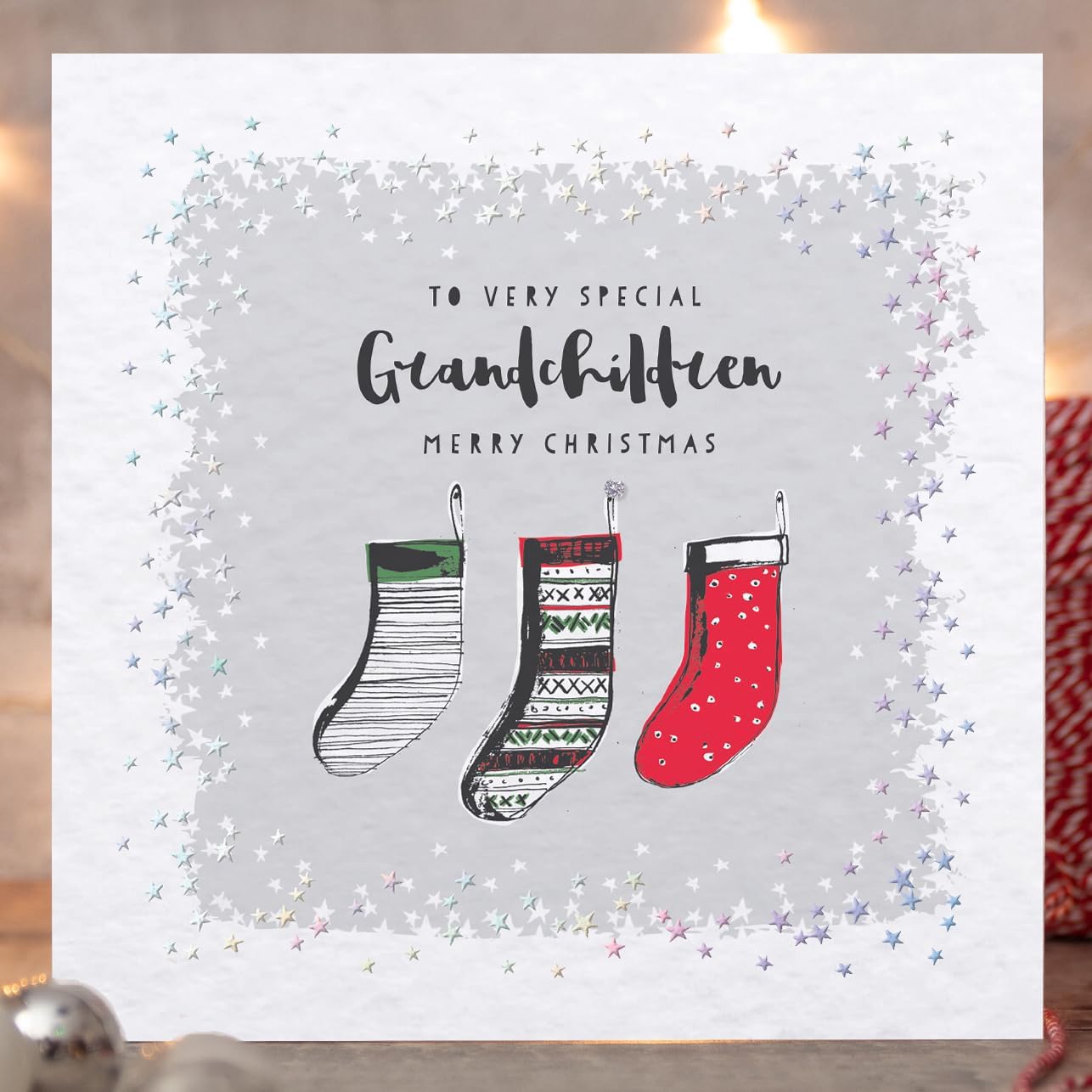To very special Grandchildren Handfinished Christmas Card, Stockings