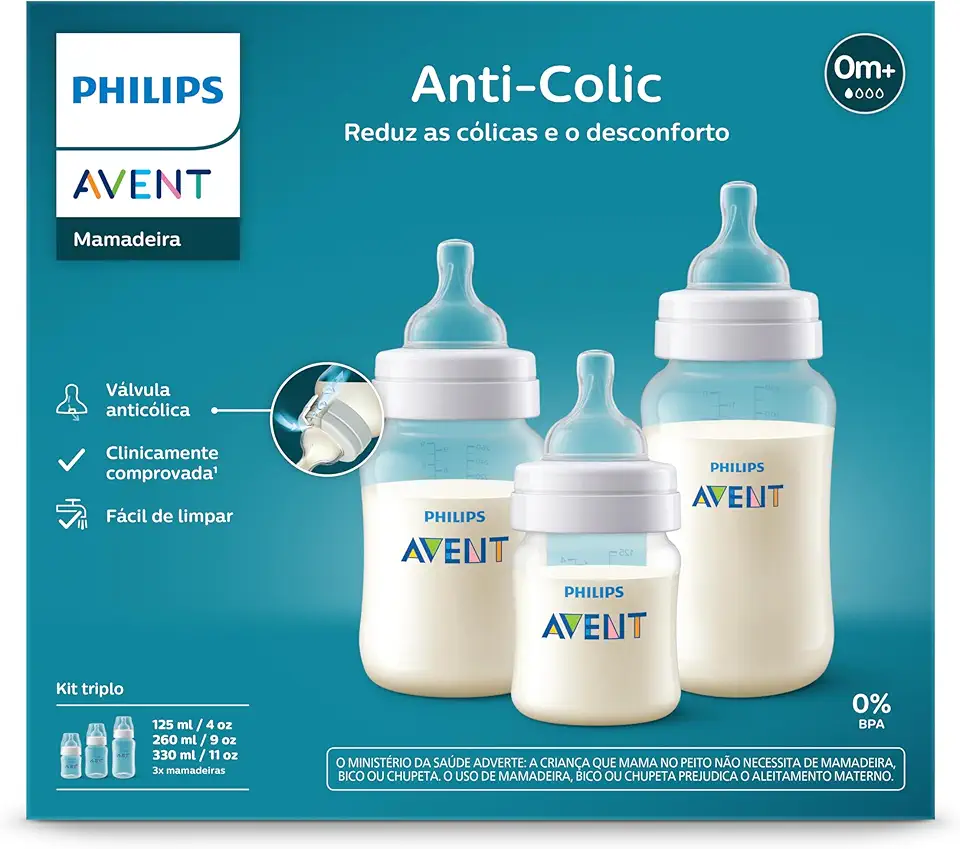 Kit Triplo Mamadeira Anti-Colic Philips Avent 125ml + 260ml + 330ml SCY119/18 Transparente