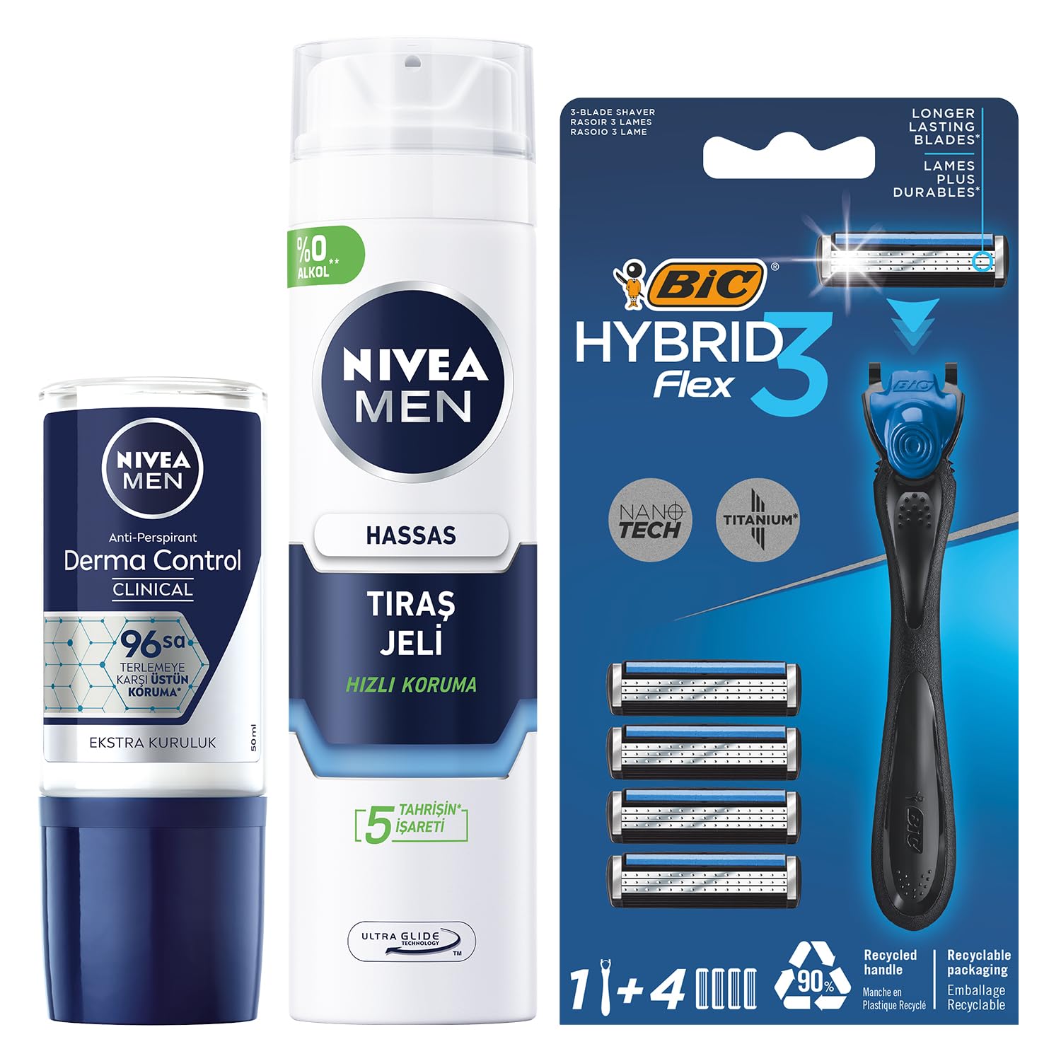 NIVEA MEN Erkek Roll-On Deodorant Derma Control Clinical 50 ml + Tıraş Jeli 200 ml + BIC Hybrid 3 Flex Erkek Tıraş Bıçağı 1 Sap ve 4 Yedek Başlık (3 Bıçak)
