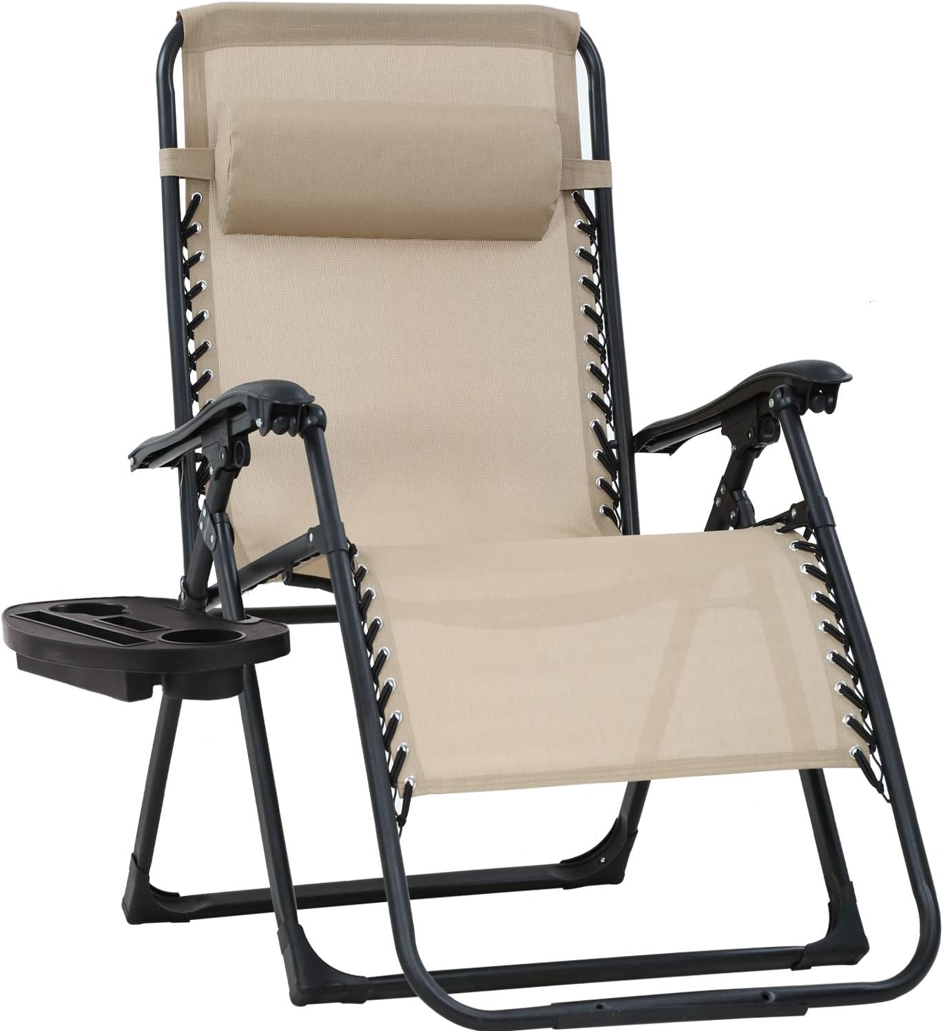 FDW Support 330 LBS Lounge Patio Lawn Outdoor Chair for Pool Side Camping Yard Beach Recliner Adjustable Folding with Cup Holder Padded Seat & Back, Tan