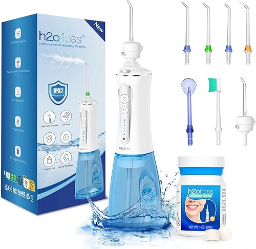 H2ofloss Irrigador dental de agua blanqueador para dientes inalámbrico, IPX7 impermeable con 5 modos y 7 chorros, recargable por USB y 10.5 onzas