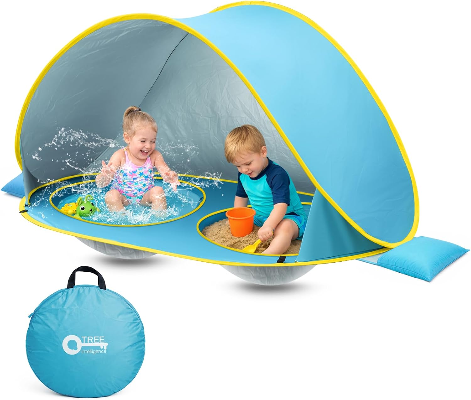 2-IN-1 Baby Beach Tent with 2 Pool for 2 kids,74.8*41.7*35.4 inch UV Protection Sun Shelter Pop Up Play Canopy, Easy setup portable tent for Beach,Camping,Picnic,Poolside,Indoor