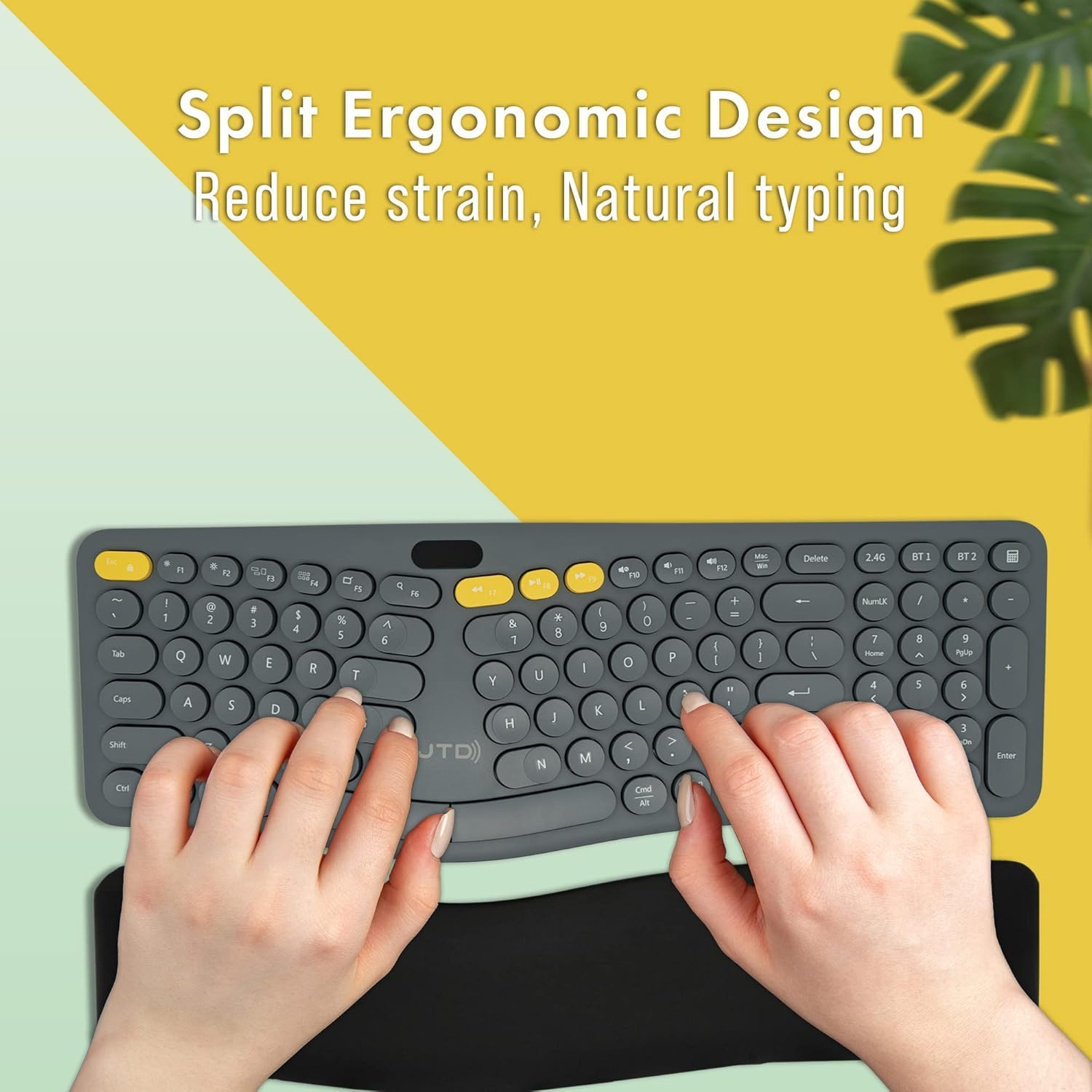 J-Tech Digital ProType S Wireless Split Ergonomic Keyboard for Long Nails, Carpal Tunnel Relief, 2.4G & Bluetooth, Rechargeable, Detachable Palm Rest, Quiet Mechanical Keys for Windows, Mac, iPad