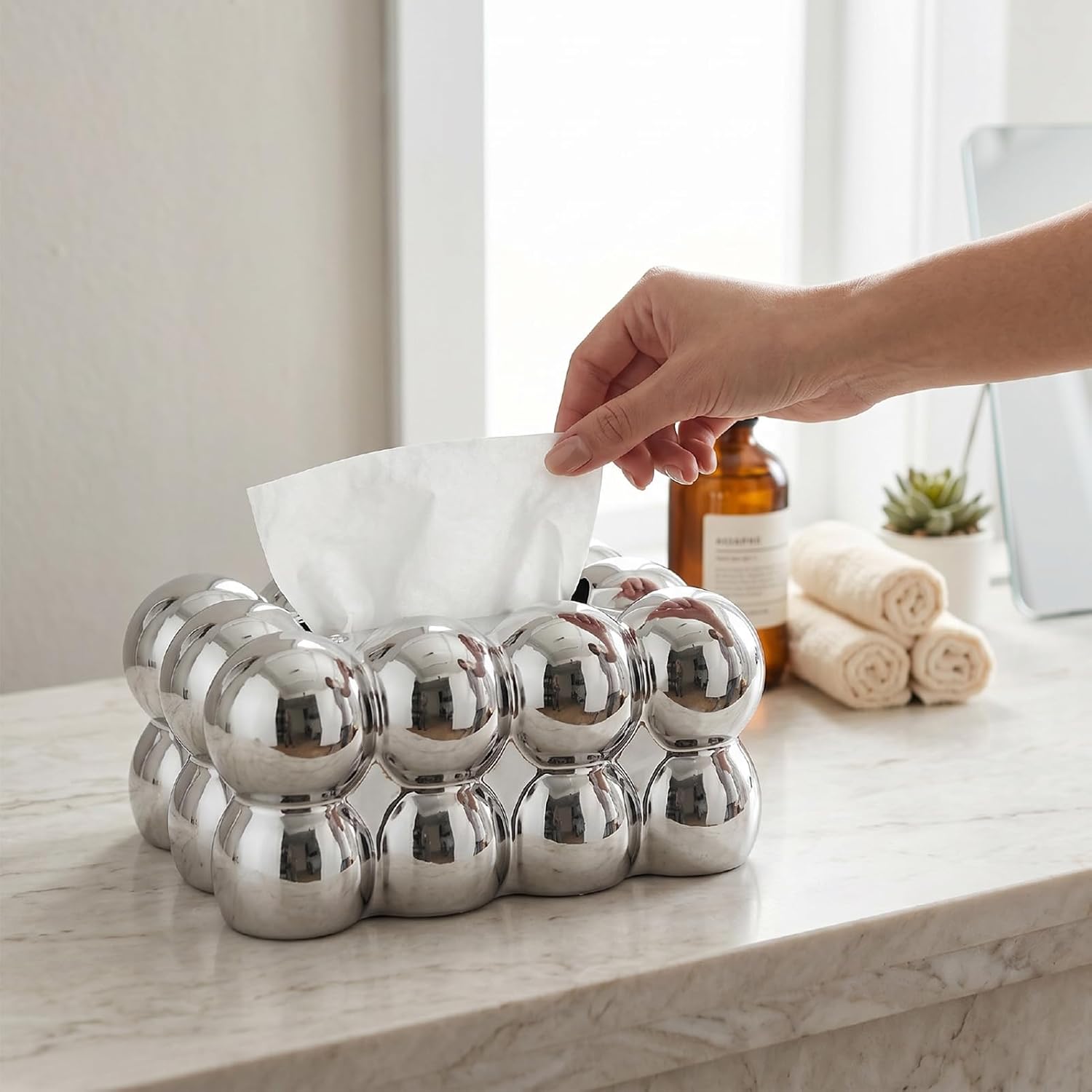 AUNMAS Tissue Box Holder with lid, Rectangular Napkin Facial Tissues Dispenser Hemispheric Shape with Bubble Texture Decorative Napkin Holder for Living Room,Silver (Silver)