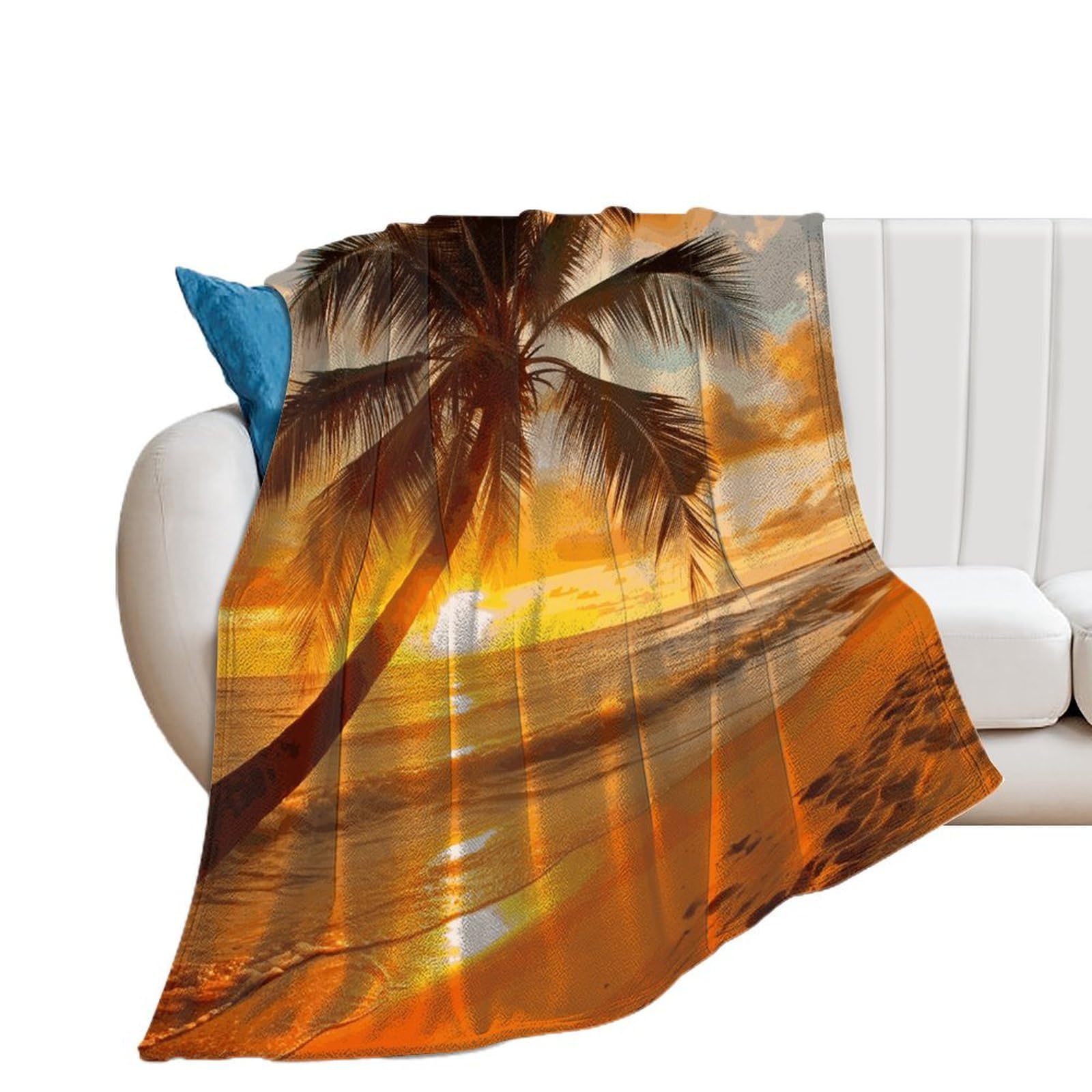 Couverture flanelle douce haut de gamme au design coucher de soleil tropical et grand format