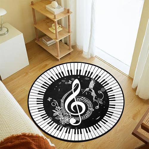Miniatura 6 de keepcute Alfombra redonda de música, notas de piano, tapete antideslizante para el suelo, alfombra redonda para dormitorio, sala de estar, estudio,
