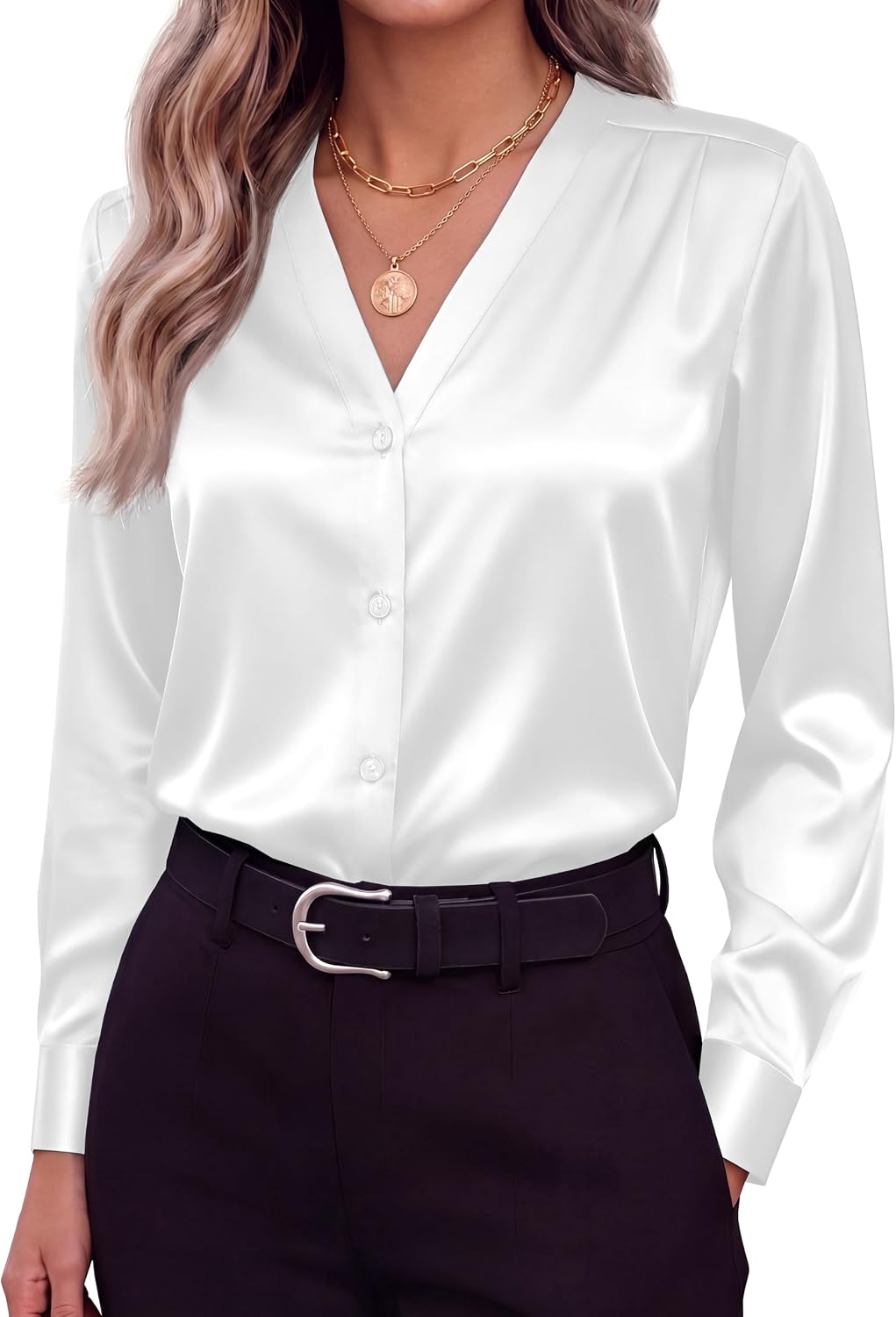 Zeagoo Women Satin Silk Blouses V Neck Long Sleeve Button Down Shirts Tops | Dressy Business Blouses Shoulder Gathers ,Casual Outfits, Fall Clothes, for Office Work, 2026 Fashion
