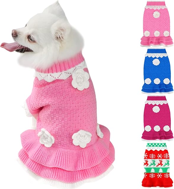 Joytale Small Dog Jumper, Soft Warm Fall Winter Pet Cable Turtleneck Sweater Coat with Cute Flower Studded with pearl, Puppy Pullover Knitted Clothes Outfit for Girl Boy Small Dogs, Pink