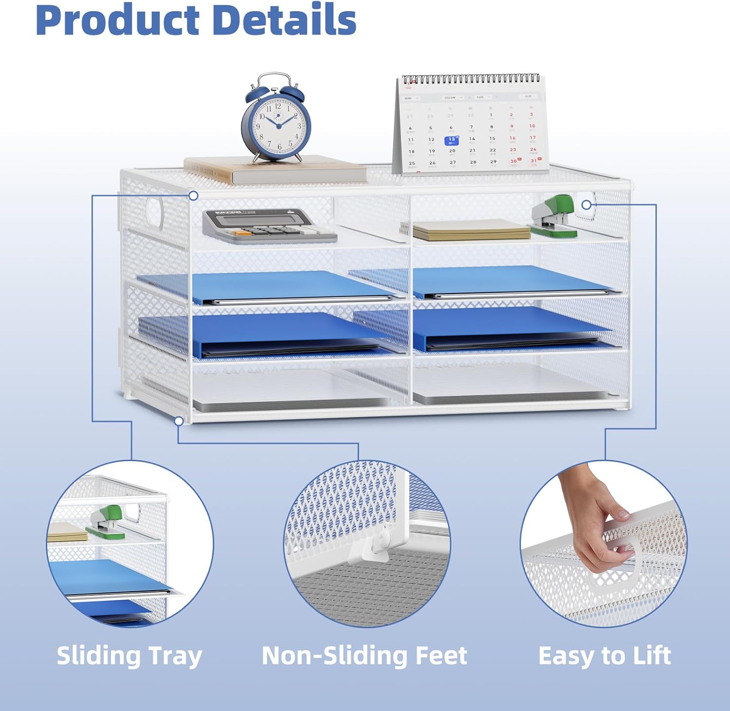 lavatino 8 compartments paper organizer for desk, mesh literature organizer, mail file sorter tray with handle, desktop mailbox for office classroom home, white 4 tier - white