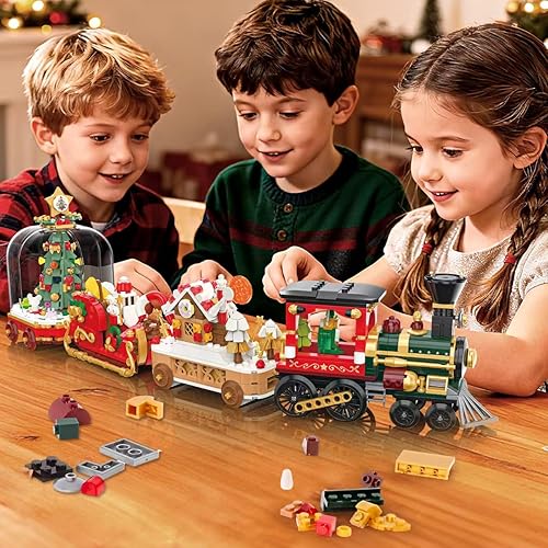 Miniatura 6 de Trian - Juego de bloques de construcción de tren de Navidad, juguete de construcción coleccionable para niños y niñas, decoración del hogar para