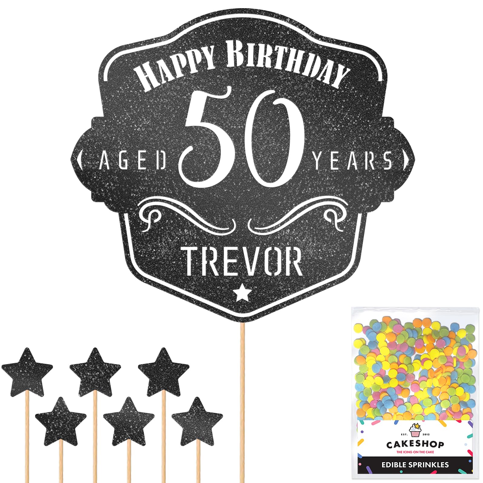 Personalised Whisky Label Glitter Cake Topper - Black Custom Age & Name Whiskey Glitter Cake Decoration and Sprinkles - Happy Birthday Decorations - Personalised Toppers for Cakes by Cakeshop