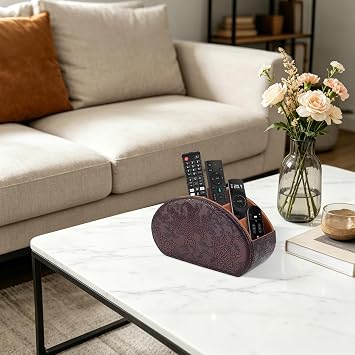 Remote Control Holder with 5 Compartments,PU Leather Multi-functional Desk Organizer for TV Remote,Office Supplies,Makeup Brushes,Pen,Stationery Storage Caddy (Retro, 5)