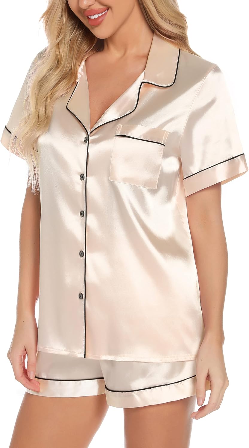 Anjue Silk Satin Pajamas Set Women's Short Sleeve Sleepwear Soft Pjs Shorts Set Two Piece Button Down Pj Set S-XXL - Image 3
