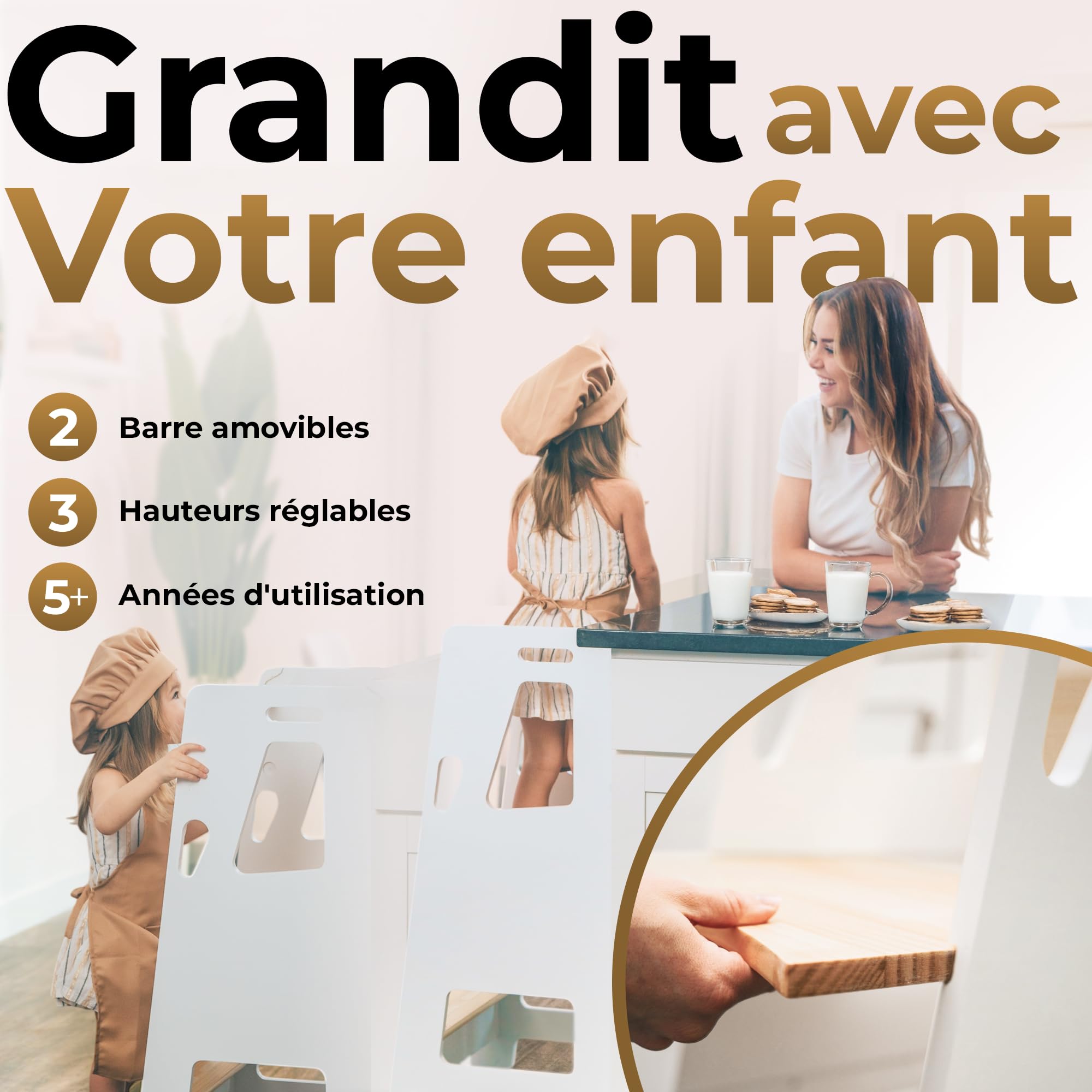 Bey&Co Tour d'Apprentissage Montessori en Bois – 3 Hauteurs Réglables, Surface Anti-Dérapante, Pieds Anti-Bascule – À Partir 12 Mois