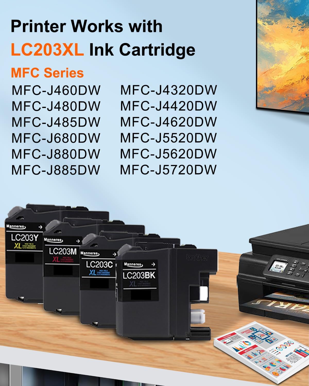 LC203 XL Ink Cartridges High Yield 4-Pack (LC203BK LC203C LC203M LC203Y) - Replacement for Brother LC203 Ink Cartridges LC201 LC201XL Work with MFC-J460DW MFC-J485DW MFC-J4620DW MFC-J885DW Printer