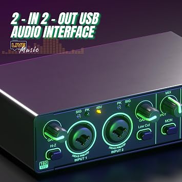 2X2 USB Audio Interface for PC Mac Laptop, 24Bit 192kHz for Computer Recording, Guitar, Streaming, Podcasting, with 48V Phantom Power, XLR TSR TS Ports