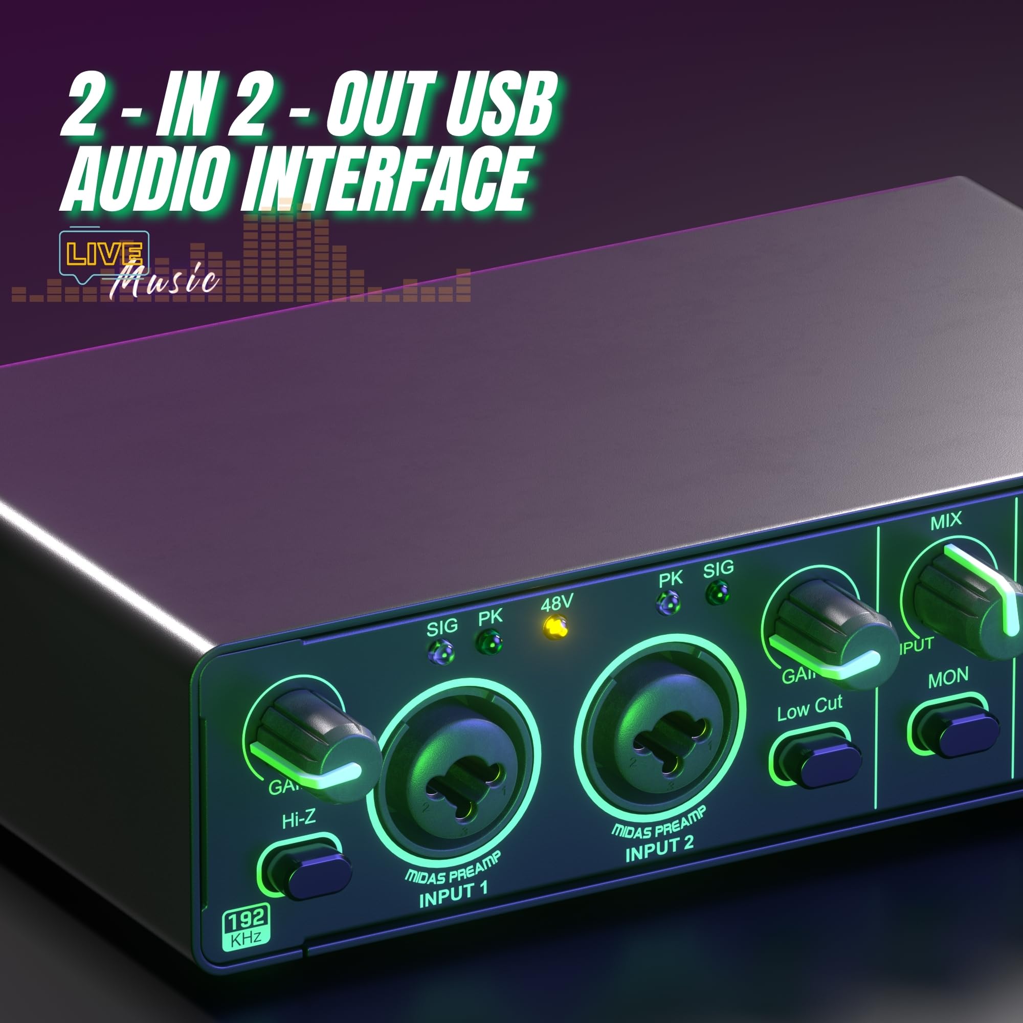 Interfaz de audio de 24 bits y 192 kHz, interfaz de audio USB 2 en 2 salidas para grabación, transmisión, podcasting con mezclador de audio profesional, preamplificador de micrófono, puertos XLR TSR