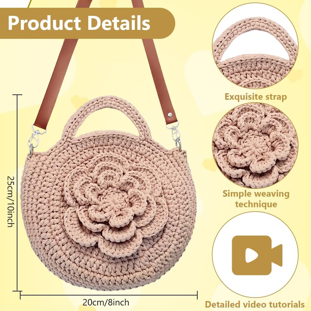 ACRNIGHEET Crochet Bag Kit for Beginners Adults or Advanced Pink Khaki Flower Crochet Purse Kits for Women DIY Shoulder Bag Making Kit with Step-by-Step Tutorials Boho Style Gift for Friends