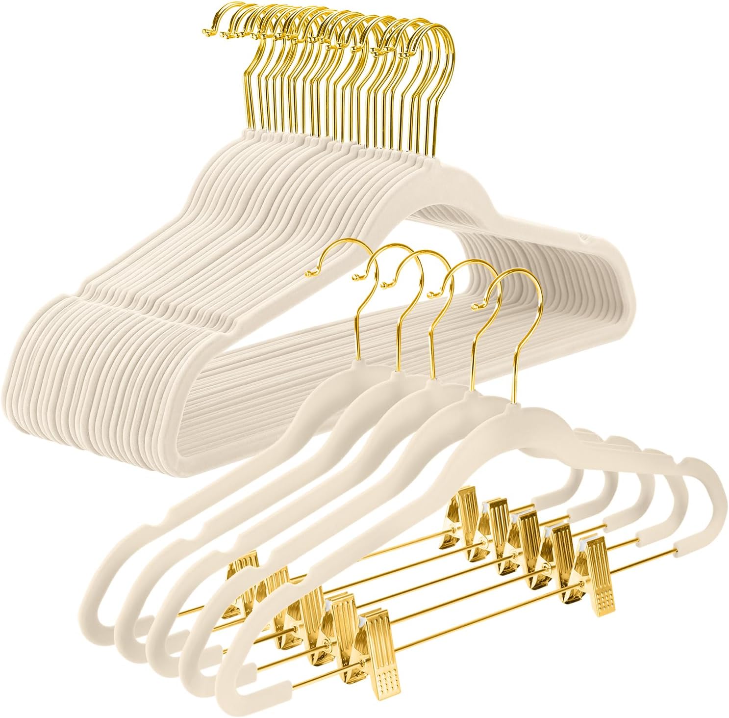 MIZGI Premium 20PC Velvet Pants Hangers Bundle with 50PC Velvet Suit Hangers, Gold Hooks, Space-Saving Closet Organizers for Pants, Skirts, Dresses, Jackets, Coats, Sweaters, Ivory