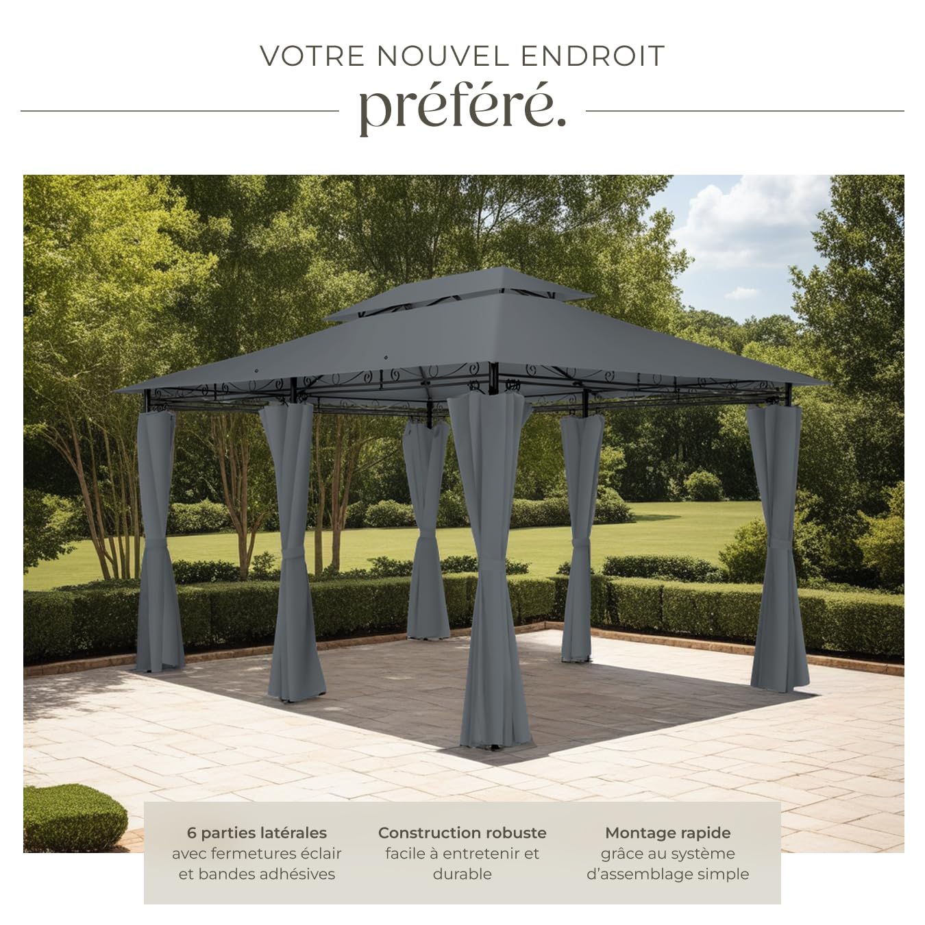 tectake® Tonnelle de Jardin 4x3m en Acier époxy Tente de réception, Imperméable, Protection UVP 50+, Rideaux de tonnelle Inclus, Montage Facile, Tonnelle terrasse Exterieur Barnum Mariage Baptême