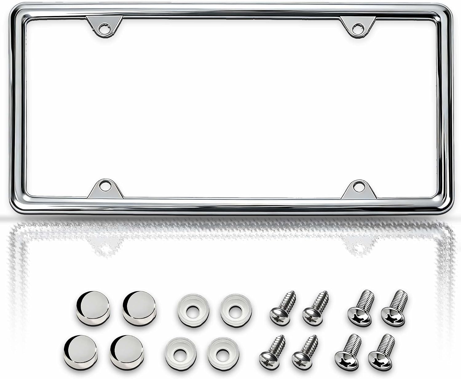 Premium Chrome Polished Slim License Plate Frame for Women & Men with Chrome Screw Caps, Street Legal Universal Fit, Heavy Duty Rattle-Free & Rust-Free Zinc Slim License Plate Frame for Women & Men