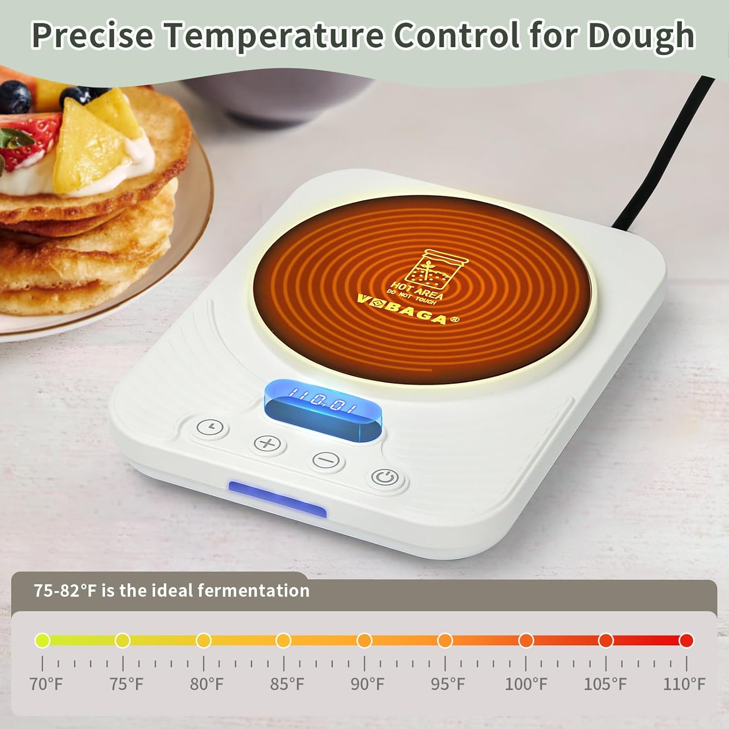 VOBAGA Sourdough Starter Warmer 3.0 displaying temperature settings and ideal fermentation range.