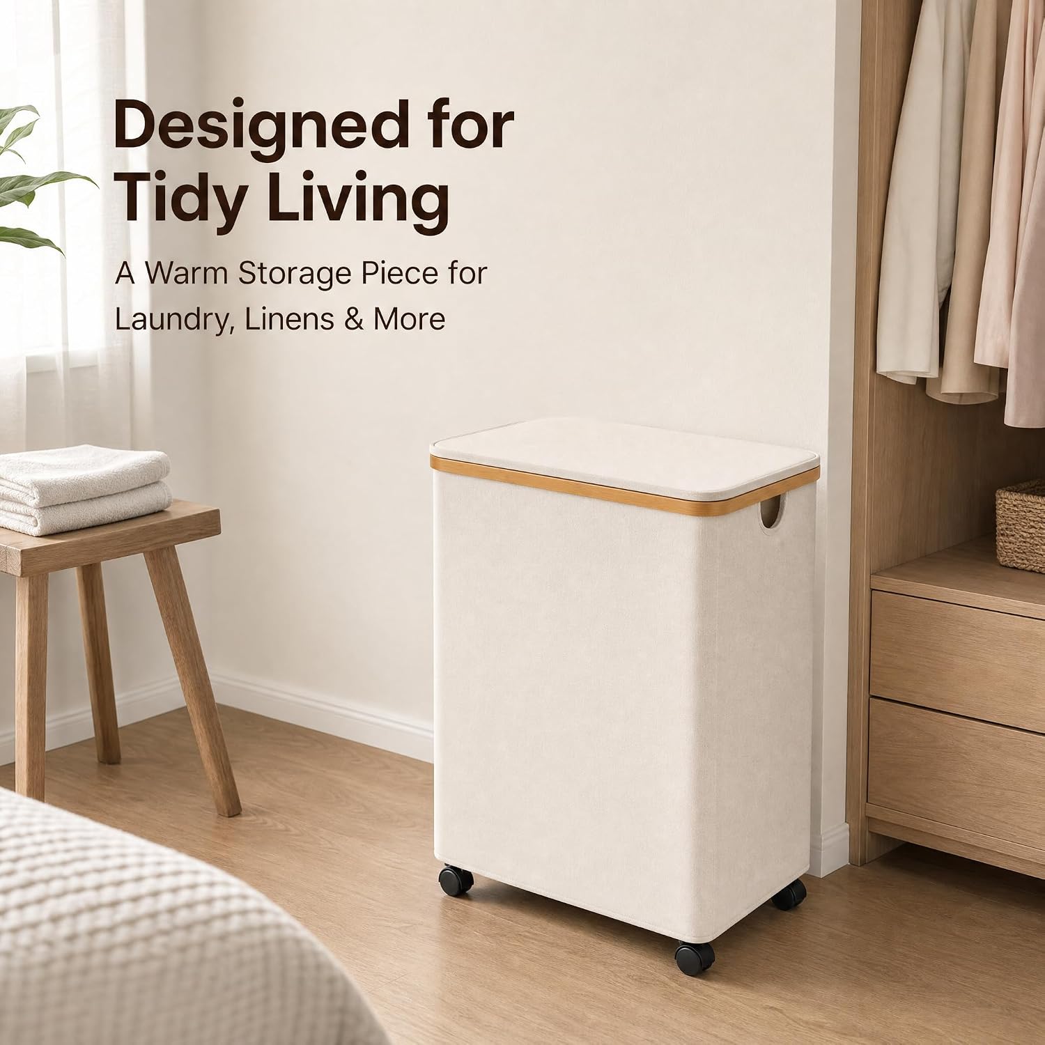 Clothes Hamper, 3 section Laundry Hamper with Wheels,Beige