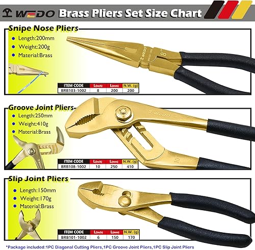 Miniatura 2 de WEDO Juego de alicates de latón de 3 piezas, alicates de punta de agachada de 8 pulgadas, alicates de junta de ranura de 10 pulgadas, alicates de