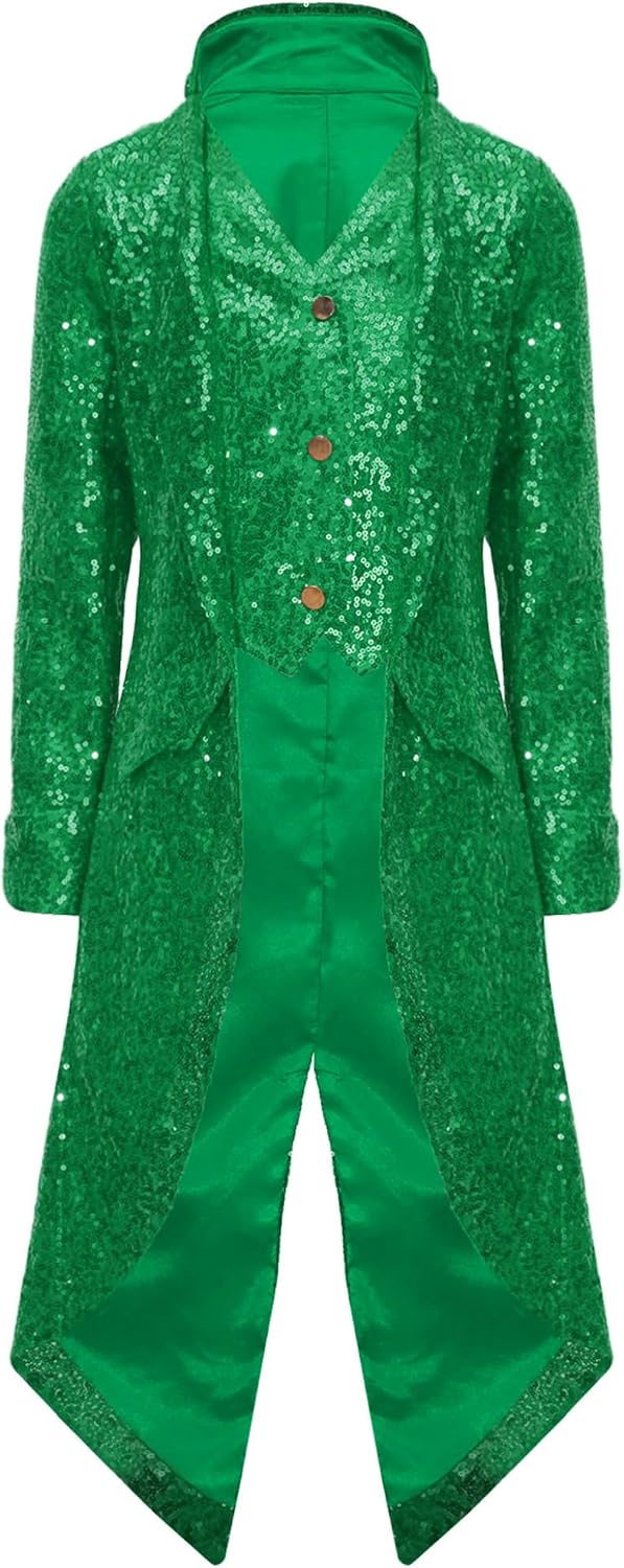Kids Shiny Sequins Medieval Steampunk Tailcoat Jacket Girls Boys Gothic Victorian Long Sleeve Frock Coat