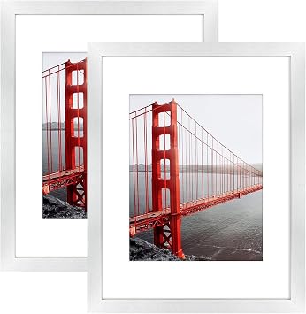 Frametory, 11x14 Picture Frame - Matted to 8x10 Photo - High Definition Glass Wide Molding - Pre-Installed Wall Mounting Hardware Silver, 2 Pack