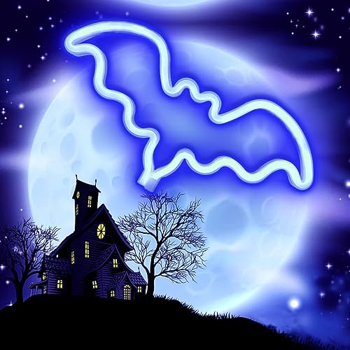 Miniatura 1 de UrsaMajor Letreros de neón de murciélago para Halloween, luces decorativas de neón azules, luces LED de neón para pared, funciona con bateríasUSB,